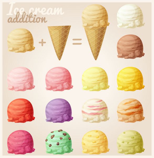مجموعه ای از آیکون های کارتونی اسکوپ بستنی و مخروط وافل مزایا و رنگ های مختلف