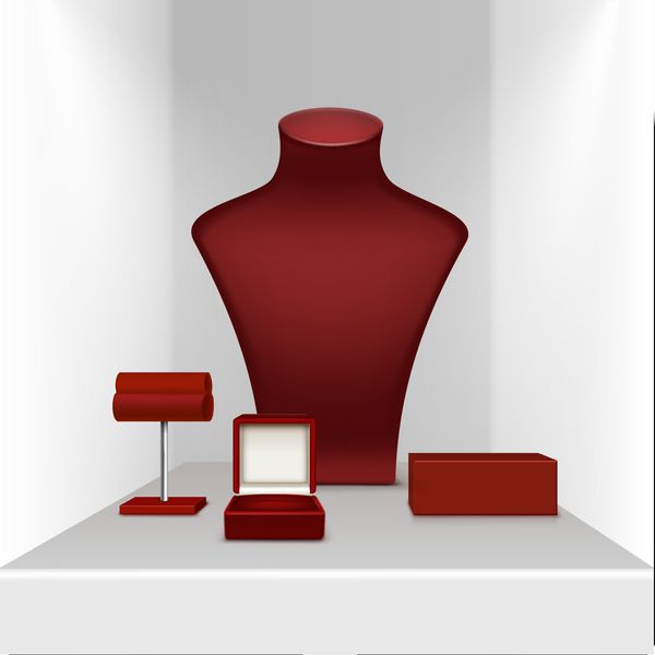 مجموعه وکتور گوشواره گردن قرمز و پایه برلت برای جواهرات با جعبه جواهرات قرمز از نمای نزدیک جدا شده در ویترین سفید
