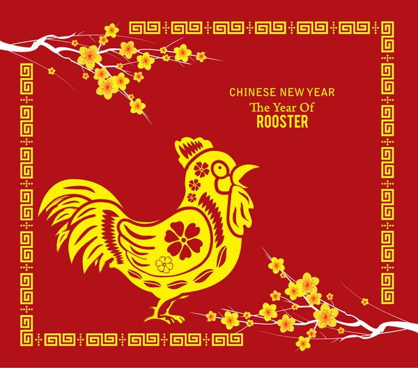 طراحی سال نو چینی خروس زیبا با شکوفه آلو در پس زمینه سنتی چینی