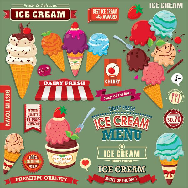 ست طرح پوستر بستنی قدیمی با شخصیت بستنی