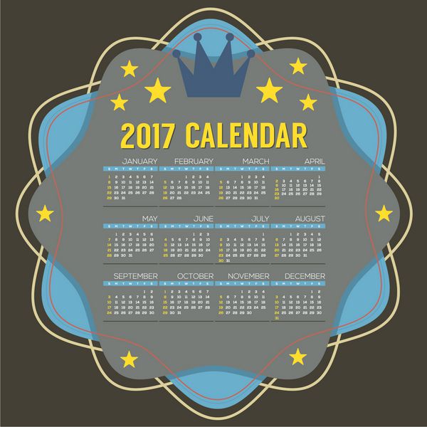 وکتور وکتور 12 ماهه تقویم قابل چاپ 2017 یکشنبه شروع می شود