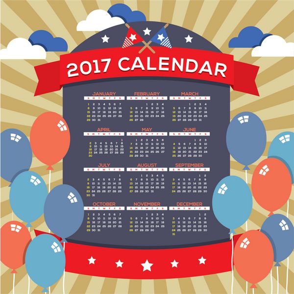 تقویم مدرن انتزاعی 2017 از یکشنبه با جشن چهارم ژوئیه شروع می شود وکتور مفهومی روز استقلال ایالات متحده