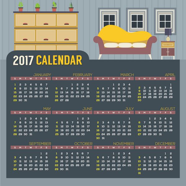 طراحی مسطح اتاق نشیمن 2017 تقویم قابل چاپ شروع یکشنبه وکتور
