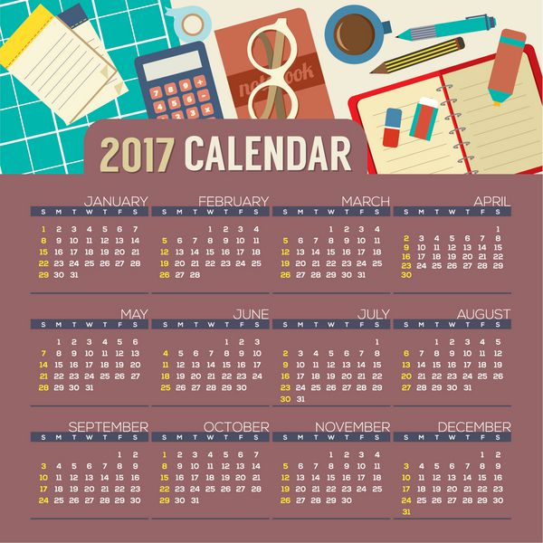 طراحی مسطح نمای بالا workpl 2017 تقویم قابل چاپ شروع یکشنبه وکتور وکتور