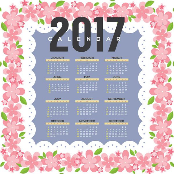 وکتور حاشیه گل صورتی از یکشنبه شروع می شود تقویم قابل چاپ 2017