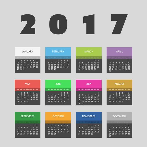 طراحی تقویم رنگارنگ 2017 با رنگ های مختلف برای هر ماه