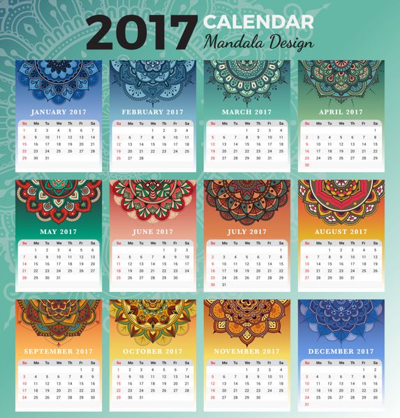 طرح تقویم ماهانه 2017 قابل چاپ با رنگ های فصول و حنا الگوی تقویم رومیزی 2017 از یکشنبه شروع می شود و از 8 5x11 اینچ پشتیبانی می کند وکتور