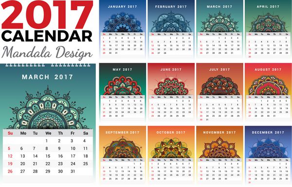 طرح تقویم ماهانه 2017 قابل چاپ با رنگ های فصول و مهندی قالب تقویم دیواری 2017 از یکشنبه شروع می شود و از 8 5x11 اینچ پشتیبانی می کند وکتور