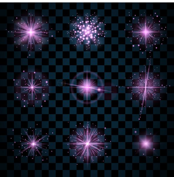 ستاره های بنفش درخشنده با زرق و برق مجموعه آیکون های درخشان جلوه چشمک تابش خیره کننده علامت عنصر سوسوزن نور گرافیکی پس زمینه عناصر طراحی شفاف وکتور الگوی متنوع