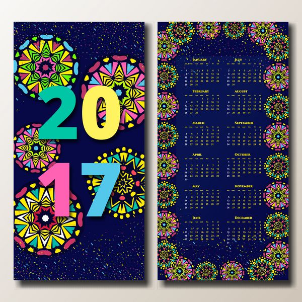 الگوی تقویم سال 2017 ابله های رنگارنگ نقاشی شده با دست انگلیسی شروع یکشنبه اثر هنری وکتور خنده دار