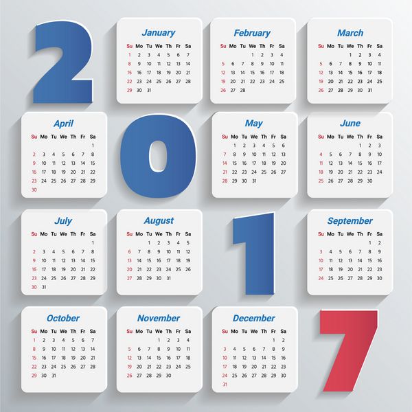 تقویم وکتور ساده سال 2017 طراحی تقویم 2017 تقویم عمودی 2017 - هفته با یکشنبه شروع می شود