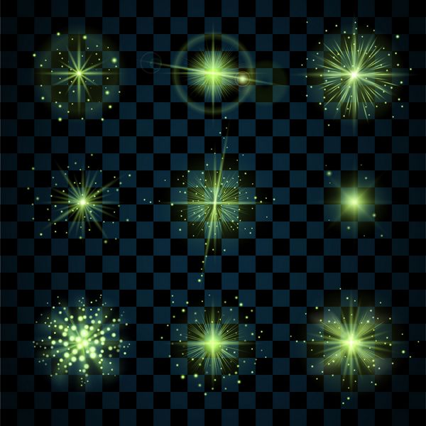 ستاره های درخشنده سبز با زرق و برق مجموعه آیکون های درخشان جلوه چشمک تابش خیره کننده علامت عنصر سوسوزن نور گرافیکی پس زمینه عناصر طراحی شفاف قالب متنوع وکتور