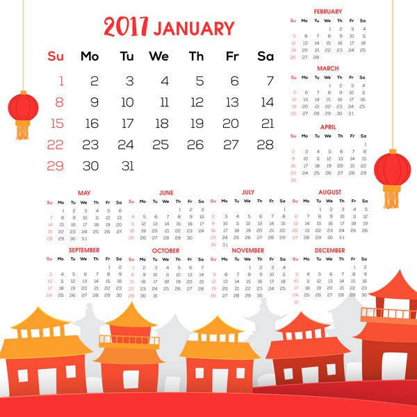 طراحی تقویم سال 2017 با تصویر معماری چینی و فانوس های آویزان