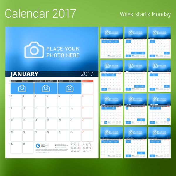 تقویم سال 2017 قالب چاپ طرح وکتور با pl برای po هفته از دوشنبه شروع می شود مجموعه ای از 12 صفحه تقویم طراحی لوازم التحریر