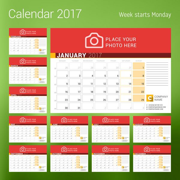 تقویم سال 2017 قالب چاپ طرح وکتور با pl برای po هفته از دوشنبه شروع می شود مجموعه ای از 12 صفحه تقویم طراحی لوازم التحریر