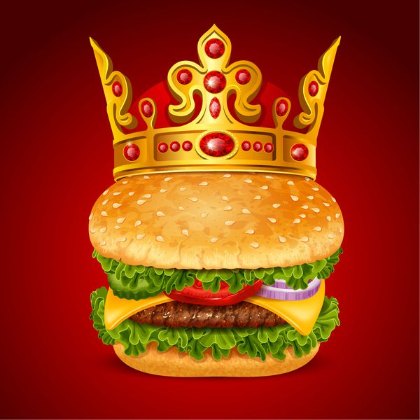همبرگر سلطنتی خوشمزه بزرگ با تاج طلایی بهترین مفهوم همبرگر وکتور واقعی جدا شده در پس زمینه قرمز