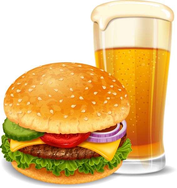 همبرگر بزرگ خوشمزه با لیوان میان وعده دوست داشتنی وکتور واقعی جدا شده در زمینه سفید
