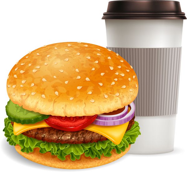 همبرگر بزرگ خوشمزه با قهوه در فنجان کاغذی میان وعده دوست داشتنی وکتور واقعی جدا شده در زمینه سفید