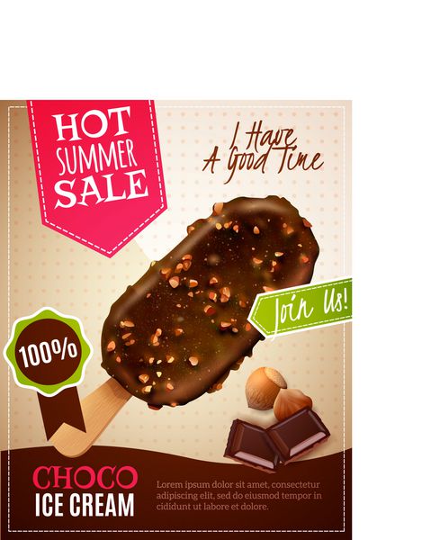 وکتور وکتور فروش بستنی تابستانی با تبلیغات پای اسکیمو شکلاتی با آجیل به سبک واقع گرایانه