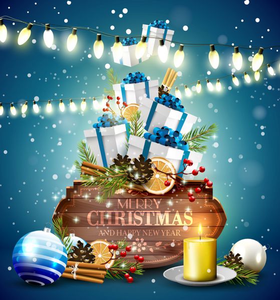 کارت تبریک کریسمس با تزئینات سنتی جعبه های هدیه و تابلوی چوبی قدیمی در زمینه آبی