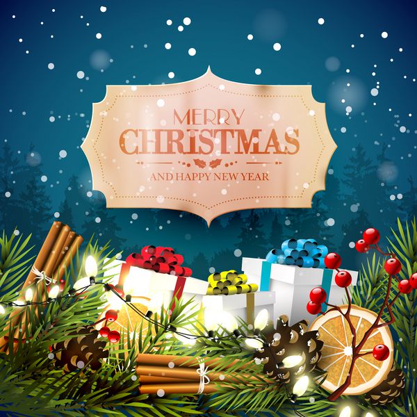 کارت تبریک کریسمس با تزئینات سنتی در مقابل چشم انداز زمستانی