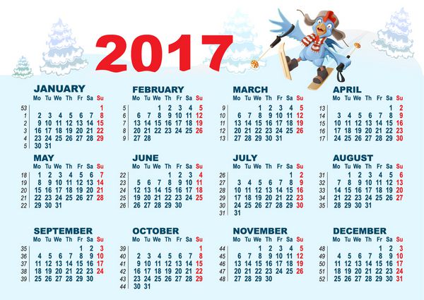 نماد خروس آبی 2017 و تقویم اسکی مرغ کارتونی