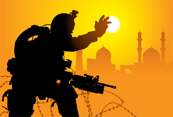 وکتور شبح یک سرباز با مساجد در پس زمینه