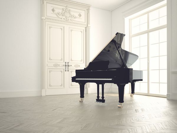 پیانو در یک اتاق کلاسیک خالی رندر سه بعدی