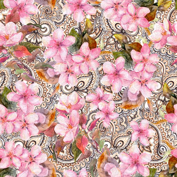 شکوفه گل های صورتی روی زیور آلات پیسلی هندی تکرار الگوی گل و زینتی بدون درز آبرنگ