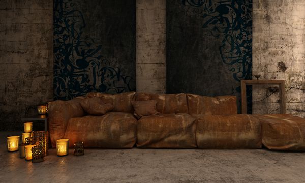 فضای داخلی اتاق نشیمن کلاسیک تیره با مبلمان قدیمی راحت و کاناپه هایی که با نور شمع های عاشقانه ناشی از شمع های سوزان روی زمین روشن شده اند رندر سه بعدی