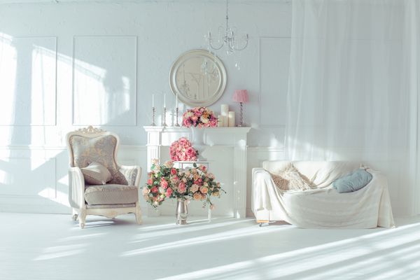 لوکس و تمیز داخلی سفید روشن یک اتاق بزرگ با نور خورشید و گل در گلدان