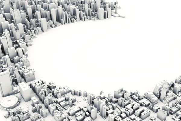 تصویر مدل سه بعدی معماری یک شهر بزرگ در زمینه سفید با دایره برش خورده با فضایی برای متن یا کپی sp