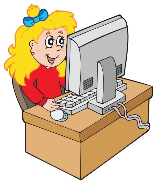 دختر کارتونی که با کامپیوتر کار می کند