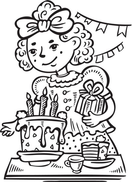 دختر با کادو و کیک تولد کودکان