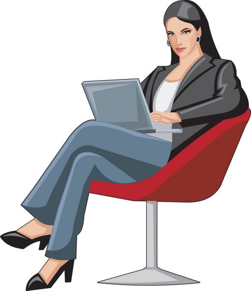 زن تاجر روی صندلی با لپ تاپ