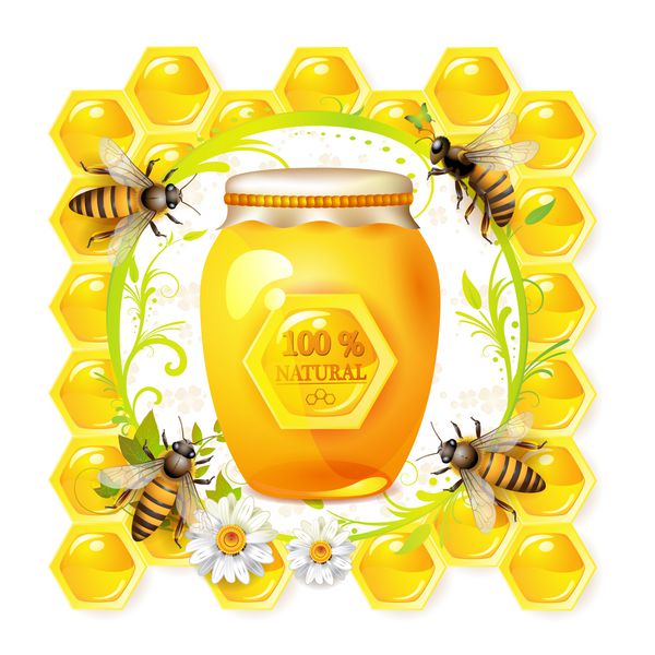 زنبورها با شیشه شیشه ای و عسل روی پس زمینه گل