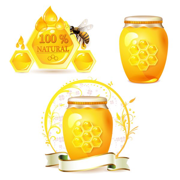 شیشه شیشه ای با عسل و زنبور عسل جدا شده روی سفید