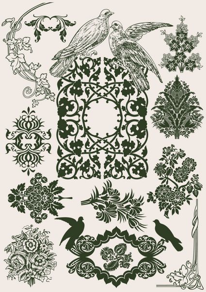عناصر طرح سلطنتی وینتیج گل و کبوتر