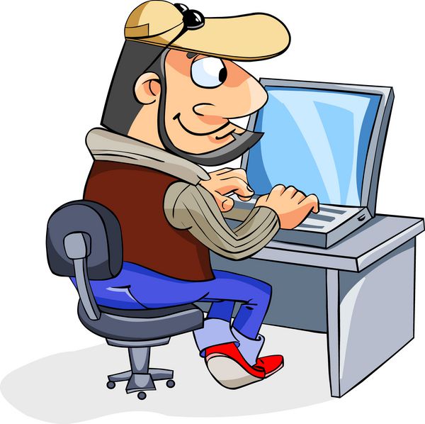مرد کارتونی که روی صفحه کلید تایپ می کند و به صفحه لپ تاپ نگاه می کند