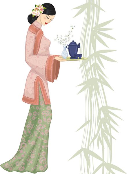 زن چینی سینی با ست چای در دست دارد
