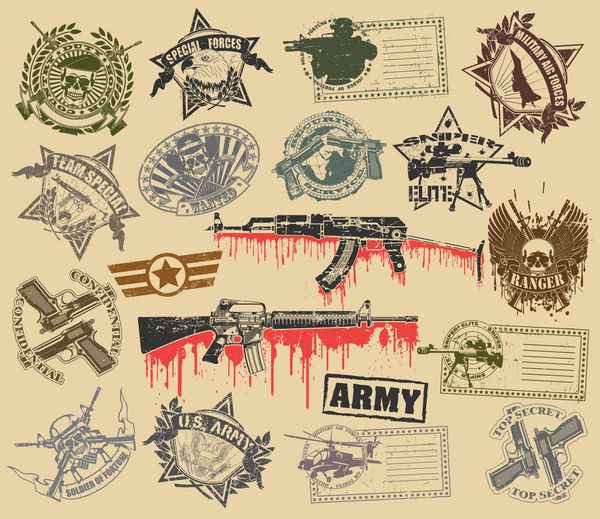 مجموعه ای از تمبرهای نمادهای نظامی