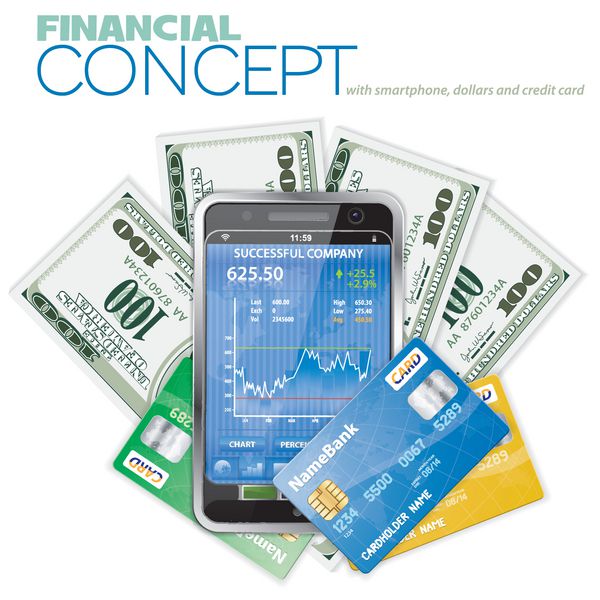 مفهوم مالی با تلفن لمسی اسکناس دلار و کارت های اعتباری