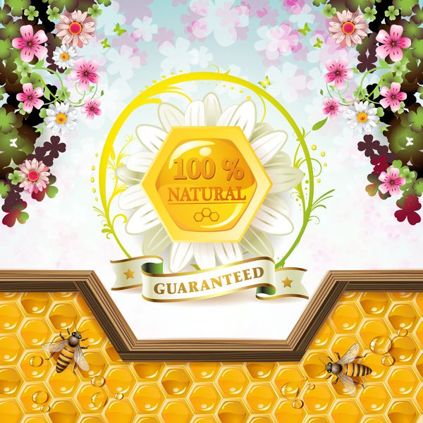 عسل و زنبورها روی پس زمینه گل
