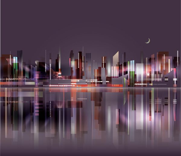 خط افق شهر در شب با انعکاس در آب