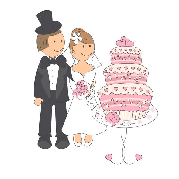 زوج عروسی که به کیک عروسی نگاه می کنند
