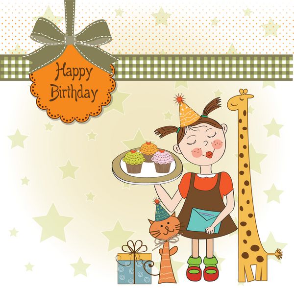 کارت تبریک تولد با دختر خنده دار حیوانات و کیک های کوچک