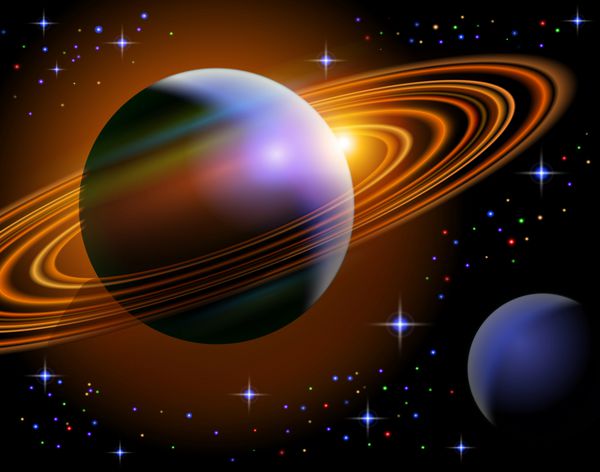 سیاره زحل و یکی از قمرهای آن در پر ستاره