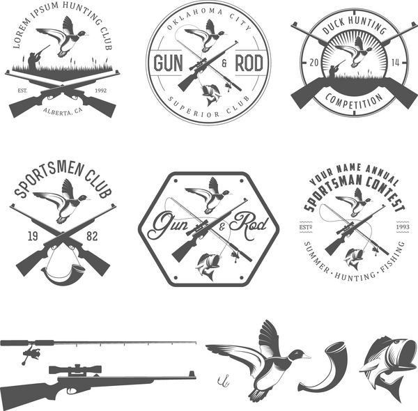 مجموعه ای از برچسب های قدیمی شکار و ماهیگیری و عناصر طراحی