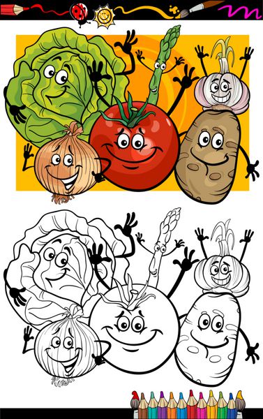 کارتون گروه سبزیجات برای کتاب رنگ آمیزی