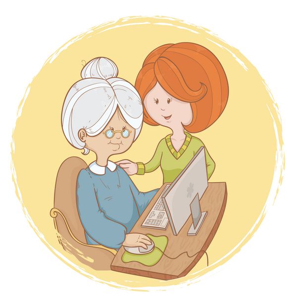 مادربزرگ با کمک دختر استفاده از کامپیوتر را یاد می گیرد